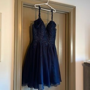 Size medium semi-formal navy blue beaded gown; Brand Cota